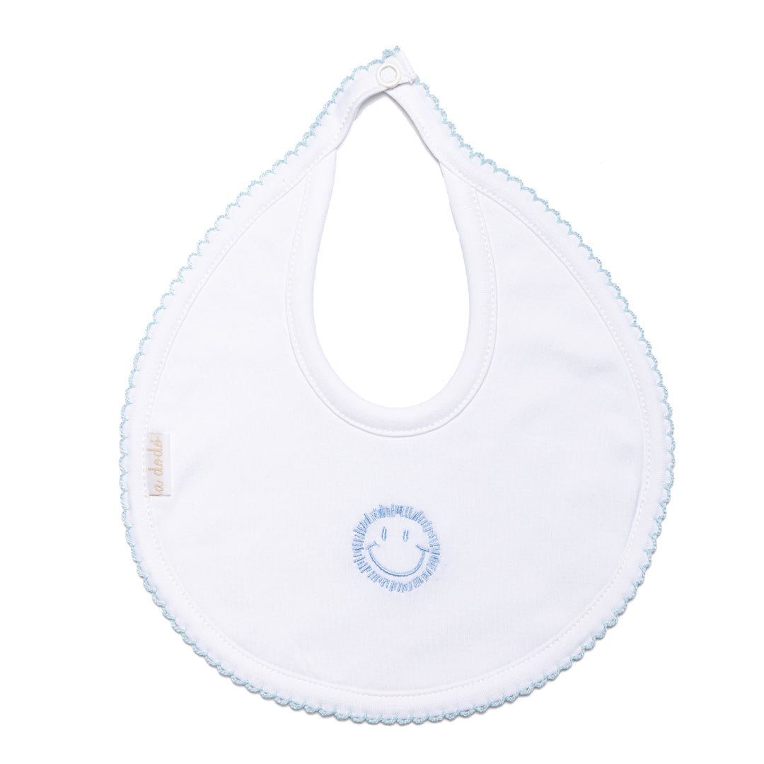 Happy Face Bib - White with Blue Border