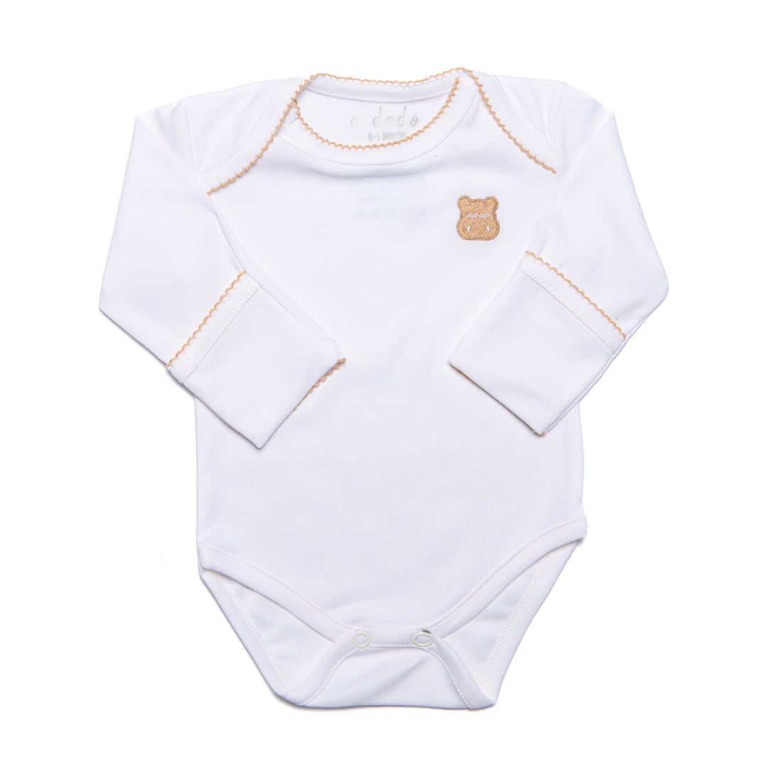 Long Sleeve Onesie - White with Beige Scalloped Border