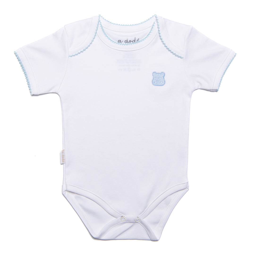 Short Sleeve Onesie - White with Blue Trim