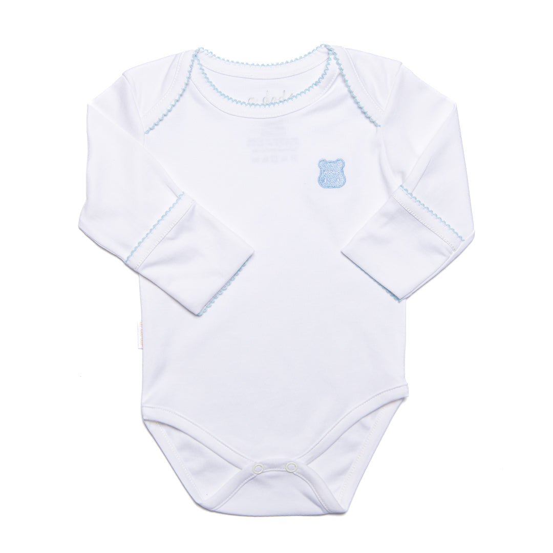 Long Sleeve Onesie - White with Blue Scalloped Border